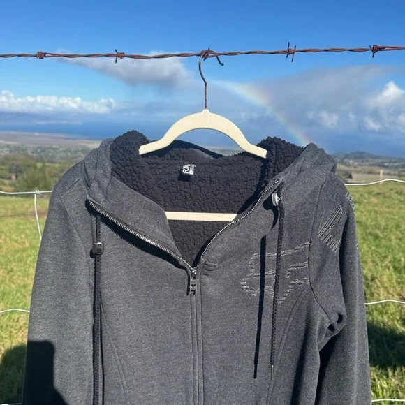 FOX Racing Y2k 90s Motocross Grunge Sherpa lined Zip up Hooded Sweatshirt Gray - Picture 2 of 6